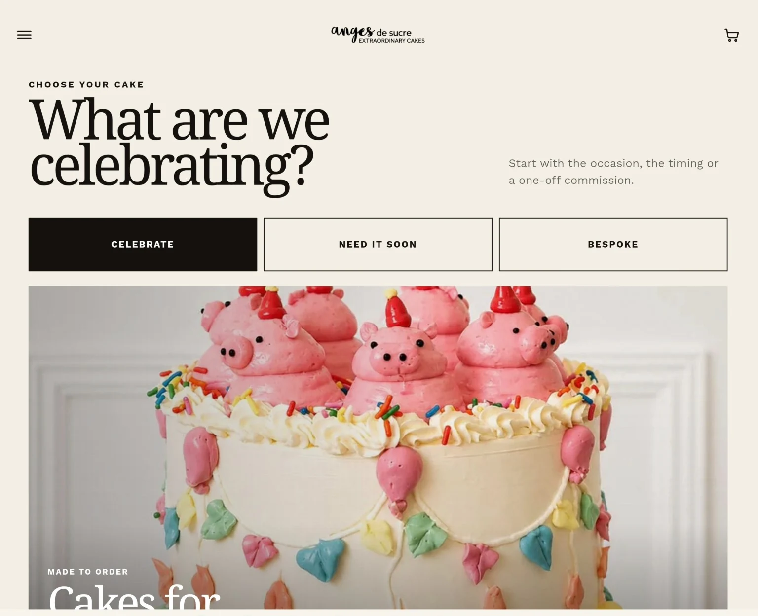 Desktop homepage of the Anges de Sucre website showing cake discovery choices and custom Shopify design